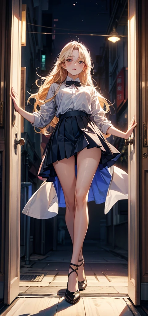 Adult Woman, Long dark blonde wavy hair、White Dress, Puffy nipple、(Long flared skirt),、beautiful tiara、耳Nipple Ring、Medium milk, cute smile face、Poses that emphasize the buttocks、(turned around)、sexy hips、Red high heels、a castle yard、sexy  pose、(((The skirt is rolled up by the wind)))、((Sexy orange panties))