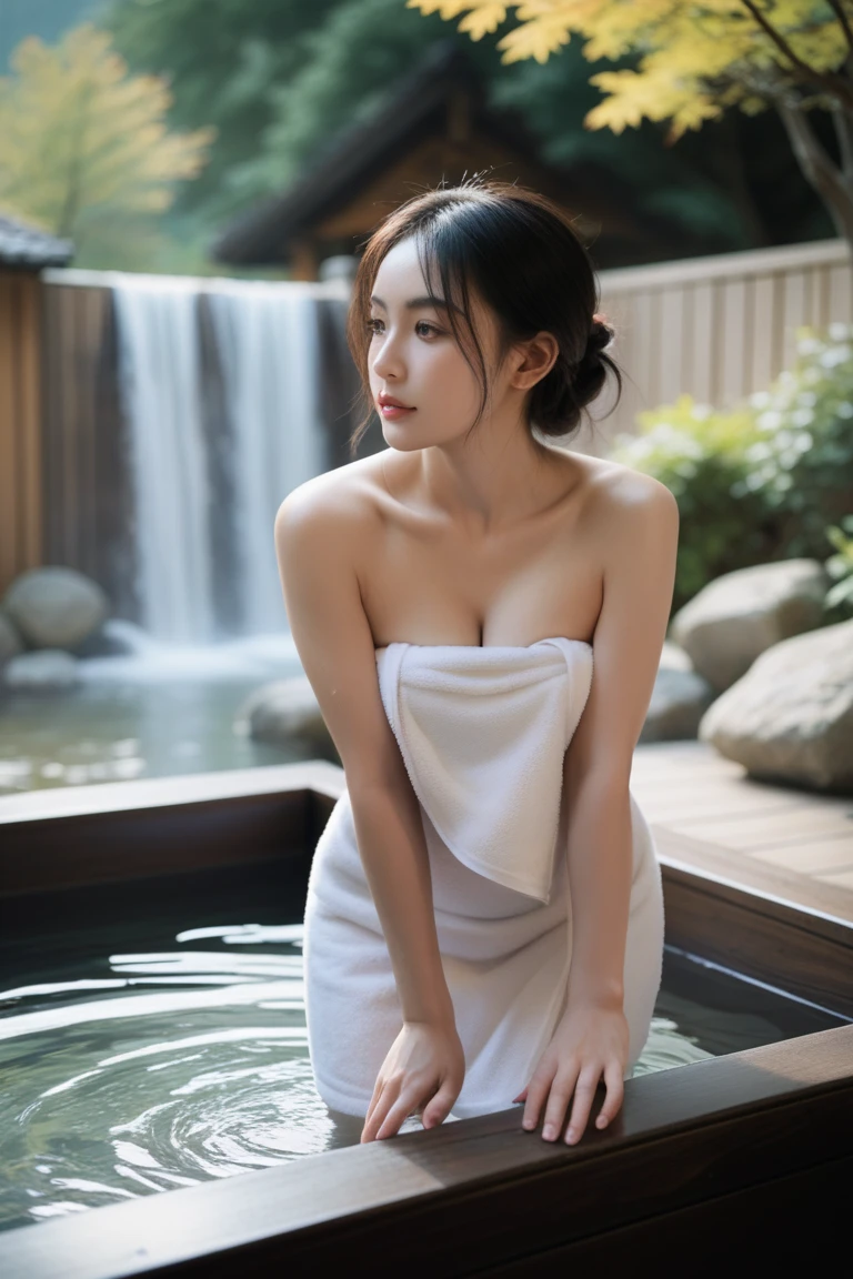 最high quality、high quality、best image quality、8K、最High resolution、High resolution、最high quality、masterpiece、Realistic human body in every detail、Realistic skin in every detail、Realistic face in every detail、Realistic eyes down to the details、Realistic lips in every detail、Realistic teeth in every detail、Realistic ears down to the last detail、Realistic hair down to the last detail、Realistic arms down to the last detail、Realistic reproduction of every detail、Realistic fingers in every detail、(fine hands、thumb1reference4)、Realistic feet in every detail、((beautiful japanese girl))、(japanese model), (japanese woman)、((18 year old beautiful girl))、(black hair)、(random hairstyle)、((whole body))、((beautiful upturned chest))、(slim style、slender style)、(whole body光沢肌、Fair skin)、white towel、A small towel、((A small towelを身体に巻きつける))、(soft natural light)、((Waterfall in a realistic forest))、((Open-air bath with a view of the waterfall))、((realistic rock bath))、((deep bathtub(deep hot spring))、((Onsen Girls))、((sitting in a hot spring))、((Soak waist-deep in hot springs))、((Inside the bathtub、Sit with your butt down))、((A large amount of steam is rising from the water in the bathtub..(Hot water at 40°C))、((realistic water、clear water))、((sexy pose))