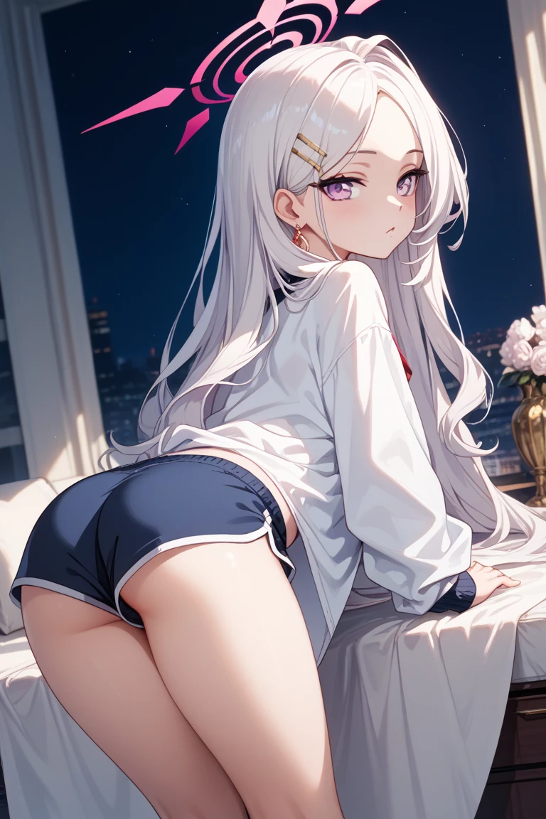 ((Perfect Anatomy:1.2,Realistic:1.3,RAW Photos:1.3,masterpiece、highest quality、Ultra - High resolution、High resolution、Highly detailed CG、8k)),Cowboy Shot. 1 female,alone,On all fours,Young Woman,high school girl,beautiful girl,blonde,Long Hair,Small Head:1.3,thin,(Provocative smile),((Dark brown skin:1.5)),(Oily skin,Glowing Skin,Shiny skin),(school uniform、Dark blue blazer jacket、black pleated mini skirt),(Show viewers white panties),Beautiful ass,((Big Ass:1.4)),Exposed thighs,Beautiful thighs,75 degree angle from bottom. Black bed,Black futon,(night),Dark Room,Tokyo night view from the window.