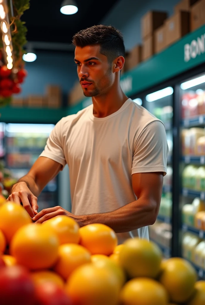 Homem sexy brasileiro sem camisa eusando calca jeana, olhos azuis. Fundo mercado de frutas