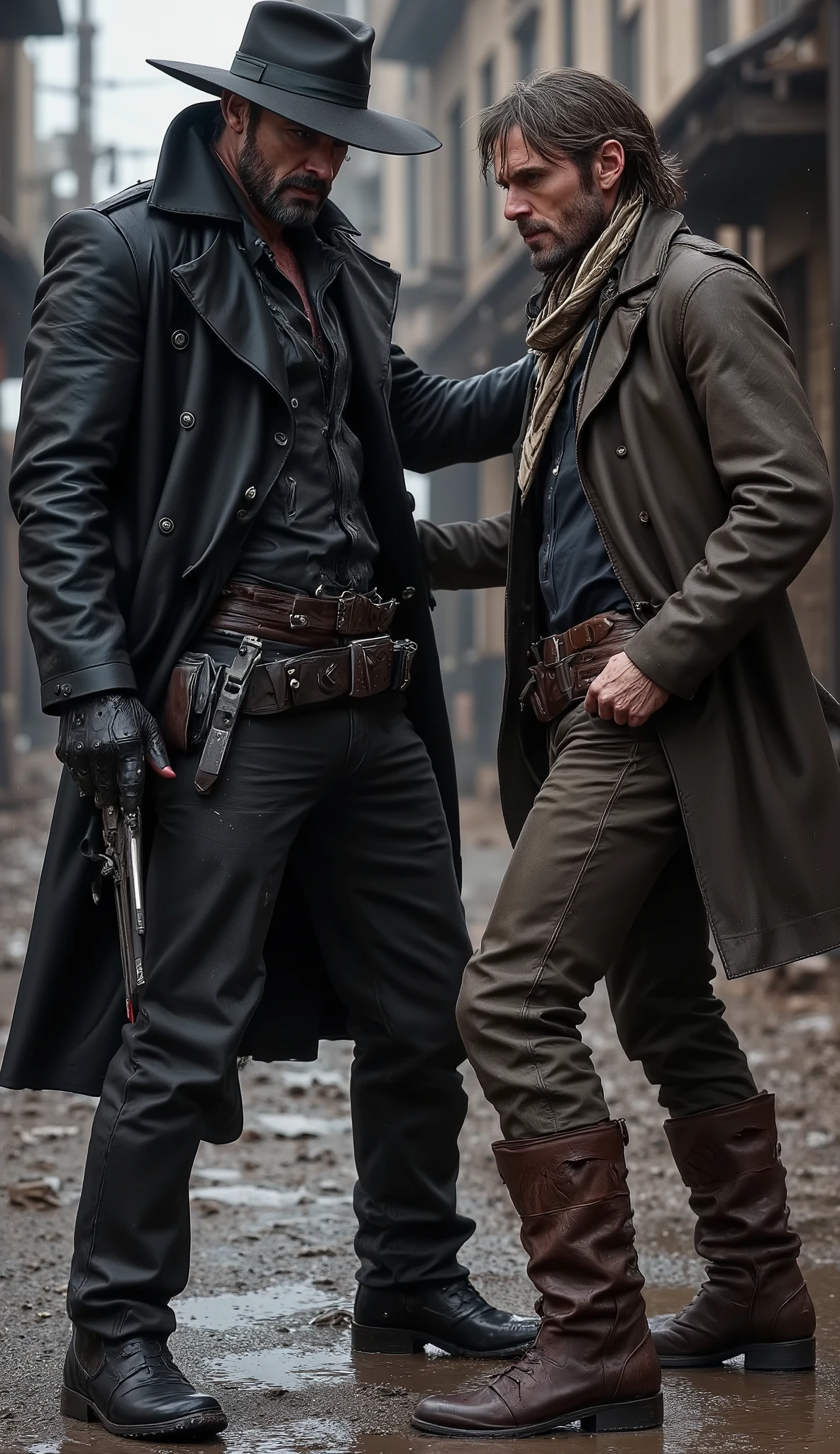 Hyper-realistic cinematic scene of a fierce gunslinger named JKC-RUDE delivering a brutal punch to the face of another cowboy in the middle of a muddy, rain-soaked Western street. JKC-RUDE is a rugged, battle-scarred outlaw in his late 40s, wearing a long, black leather duster dripping with rain. His gloved fist is mid-swing, captured in dramatic slow motion as it connects with the other man’s jaw, sending a spray of sweat, blood, and rainwater flying through the air.
His wide-brimmed hat is tilted low, shadowing his intense, rage-filled eyes. His body is tense and powerful, muscles flexing under his soaked shirt as the impact twists the other cowboy’s face. The victim — a younger, arrogant drifter in a brown vest and wide striped scarf — is thrown off balance, one boot sliding in the slick mud beneath them. His revolver clatters to the ground just inches away, submerged in a puddle.