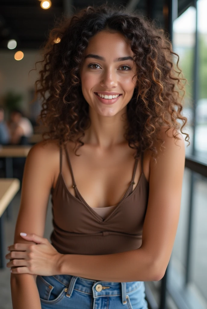 A brunette girl with curly hair and big breasts sits with her legs stretched out, taking a realistic photo