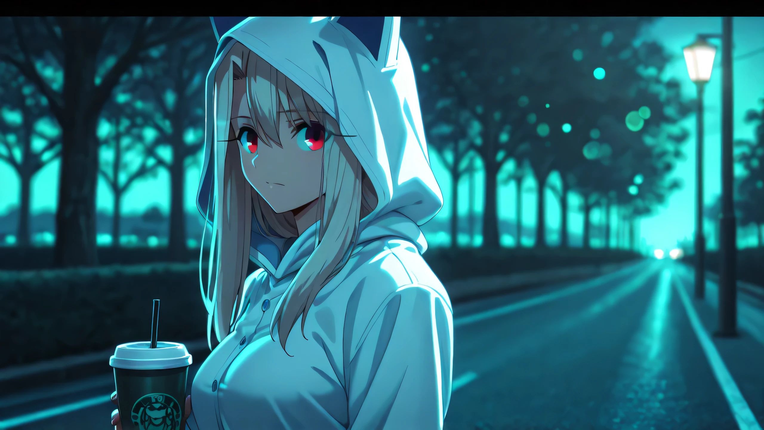 1girl, breasts, closed mouth, hair between eyes, hood, hood up, hoodie, large breasts, long hair, long sleeves, looking to the side, outdoors, red eyes, road, solo, standing, street, taut clothes, very long hair, white hair, white hoodie, illyasviel von einzbern, 1girl, cardigan, (chromatic aberration:1.3), cup, disposable cup, long hair, looking at viewer, solo, upper body, blurry background, blurry, the bokeh effect, cinematic composition, cinematic lighting, green theme, twilight, blue theme, tone mapping, high contrast, colorful, high saturation, bloom, hood with ears, holding object, masterpiece, best quality, letterboxed, ufotable style, park, tree, lantern street,