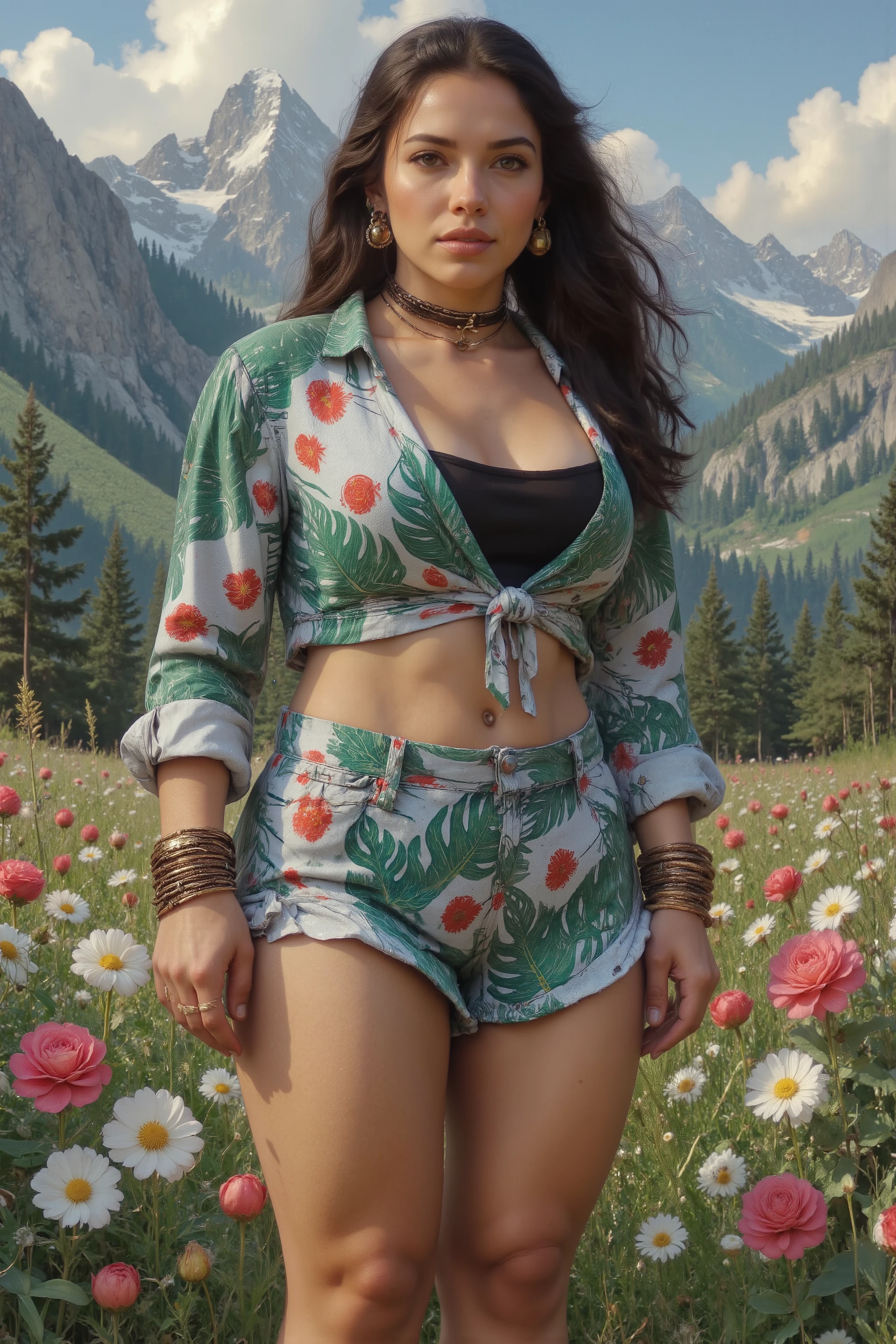 Full body photo, from head to toes, of a gorgeous young woman, muscular and voluptuous. She's posing on a flower field at the Alps. Her very long hair is beautifully styled. She has muscular thick thighs, wide hips, perky fit plump ass, slender waist, highly defined body features, highly defined muscles, (huge, swollen, milky breasts). She has extremely detailed realistic natural skin with skin pores, skin indentation, shiny skin, perfect skin, perfect face, perfect hands, perfect eyes, perfect feet, ultra detailed body, ultra detailed face and eyes, ultra detailed feet, desire, provocative, excitement. She wears a sexy spring themed full dresswear set - a mountain uniform, styled mountain footwear and rich intricate jewellery: a slave collar with a cowbell, bracelets, armlets, earrings and rings. It's a windy spring day. Painstaking attention for details. blue sky, nature, panorama, landscape, harsh sun and shadows, ray tracing, UHD, HDR, 16K, DSLR, photorealistic, masterpiece, award-winning.