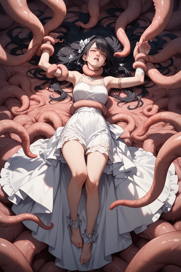 Sexy Lolita Princess in a low-cut dress is entangled and touched by tentacles,Gluteal groove,miniskirt,Pout your hips,Tentacles to the princess white sticky drawing liquid