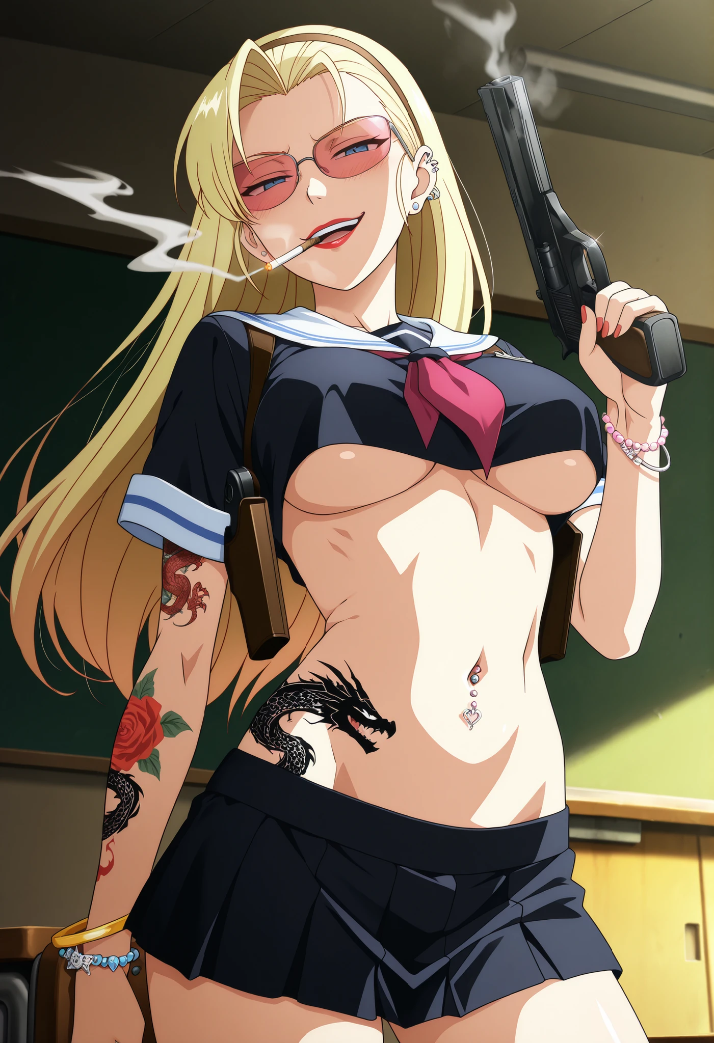 masterpiece,best quality,absurdres,newest,eda,1girl,solo,blue eyes,,blonde hair,long hair,, medium large breasts,midriff,navel,bracelet,tattoo,jewelry,,,hairband,, , ear piercing, long hair, blush, lipstick,Hot girl, baddie, smoking, sensual, attractive ,,masterpiece, best quality, highly detailed, a girls in sailor uniforms with a gun posing for a picture, evil
smile, smile, open mouth,black_serafuku, (nsfw) not safe for work, ecchi style, high school girls, holding
a gun, hold a gun, micro skirt, exposed belly, exposed navel, exposed midriff, holding pistol,underboob,
exposed lower belly,school, classroom, navel piercing , shoulder holster, sunglasses on head , tinted
eyewear, dragon tattoo on waist, narrowed eyes, tattoo on waist,, medium breast, anipai_style , anime screencap , anime coloring ,,