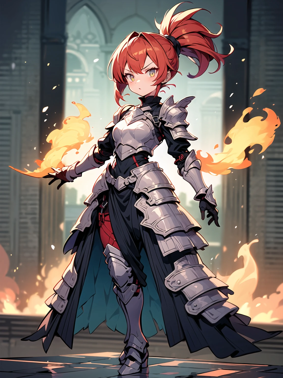 (1girl:1.2), (highly detailed face:1.3), masterpiece, best quality, (flaming hair), (oni horns:1.2), short hair, demonic armor, oni, standing, (hellscape), aesthetic, intricate, caustics