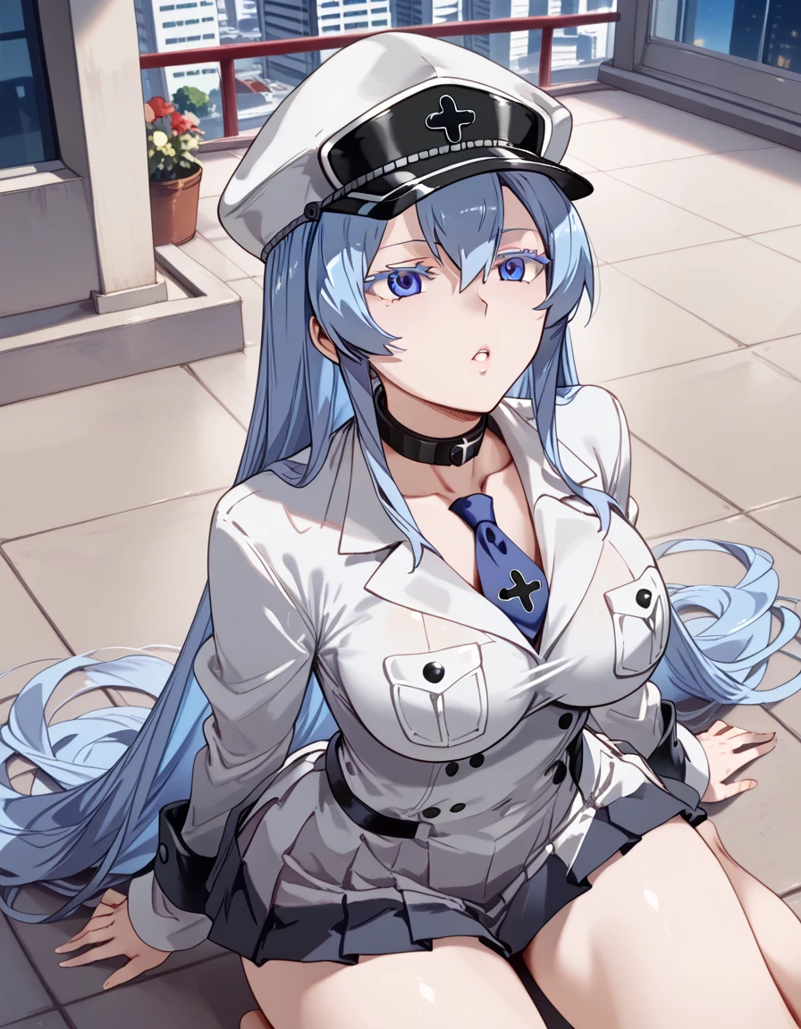 1girl,alone,esdeath,masterpiece,high resolution,detailed,outdoors,(hair ornament),real,long blue hair,looking at viewer,head on,pov (from above),perfect face,curious smile,transparent from above, looking at viewer, blue glitters, sexy, 4K, high quality, portrait, boots, choker, cleavage, collarbone, hat, ice, military, military uniform, white uniform, cleavage, peaked cap, thigh-high boots, thighs, uniform, bracelet, portrait art, esdeath, perfect light, perfect anatomy, perfect hands