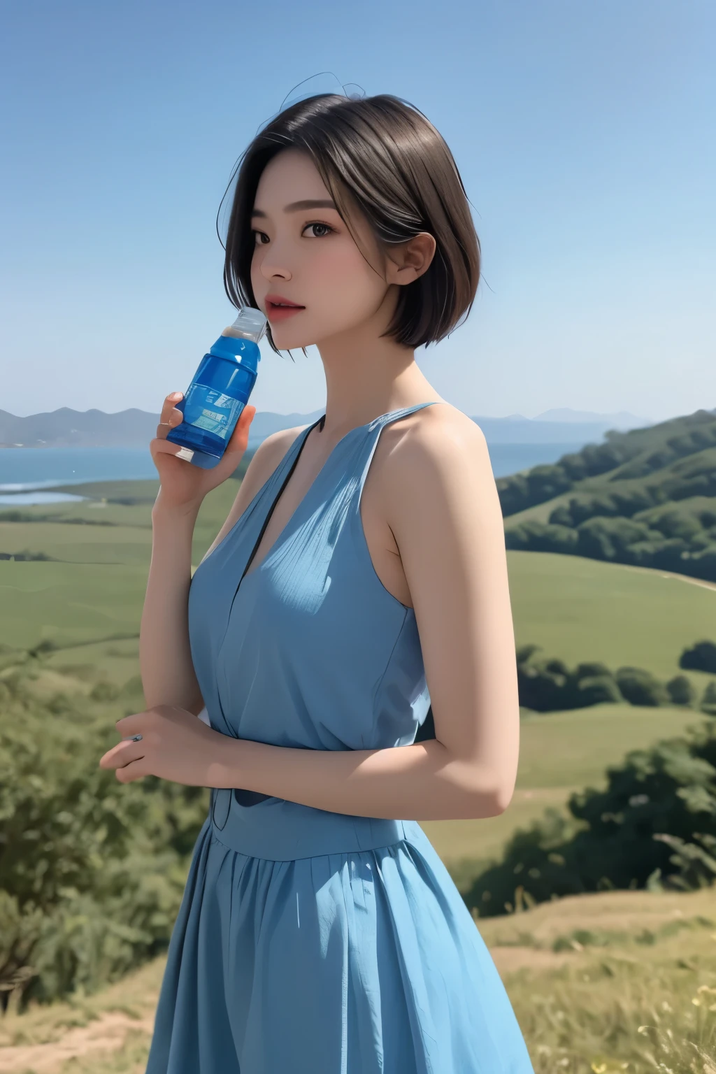 realistic、high image quality、Drink cm、drinking a PET bottle on a cliff、full body shot、blue sky、drinking a PET bottle while putting your hand on your lower back、((Long Shot))、short short hair、((long slant 2.0))、Blue dress、Hair Shakes in the Wind、skirt swings in the wind