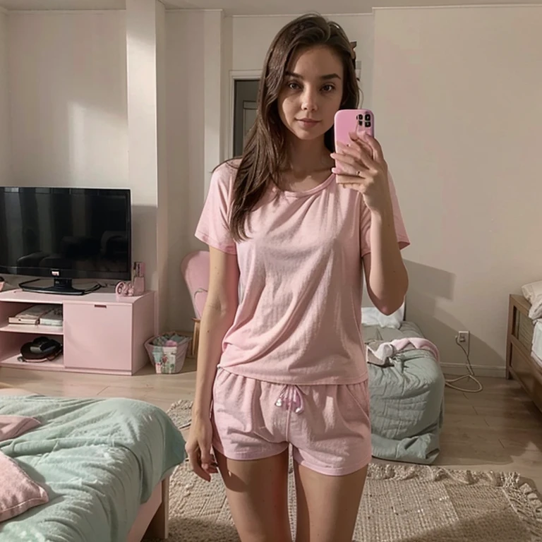 Selfie, girl, standing, legs together, pink PJ shorts, loose plain t-shirt