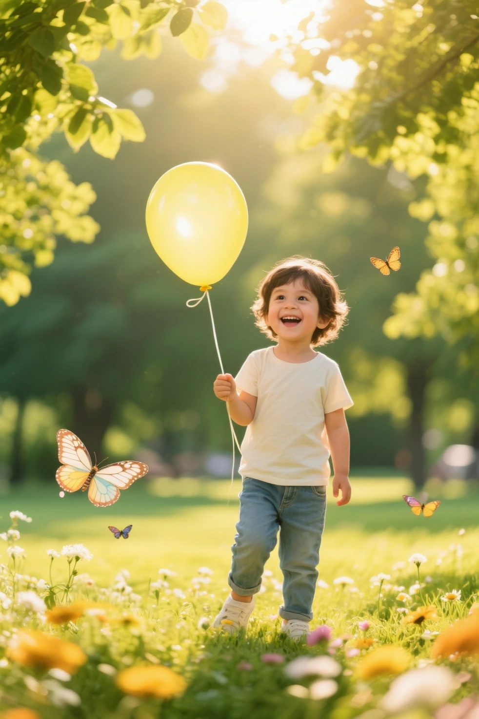 Two-year-old boy, white skin with dark straight blonde hair, dark brown eyes, thin lips
Wearing a yellow t-shirt and denim pants with white sneakers playing in a park