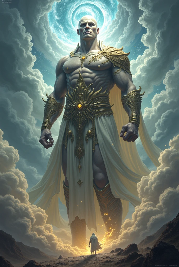 A giant male god from Japanese mythology falling from the sky, face up and with his legs spread apart A composition looking up from directly below