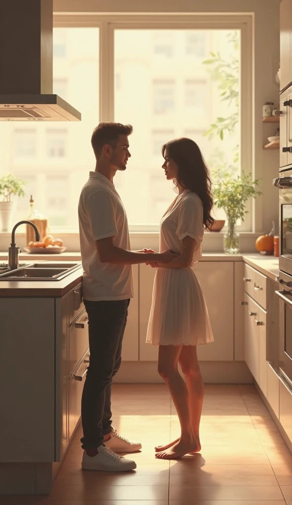 man and woman kissing, warm, romantic, kitchen, passionate, couple, fun, hyper realistic, ultra realistic, human, home vibe, happy, sexy, wallpaper, anime, full body, erotic, sensual, no extra limbs, nsfw