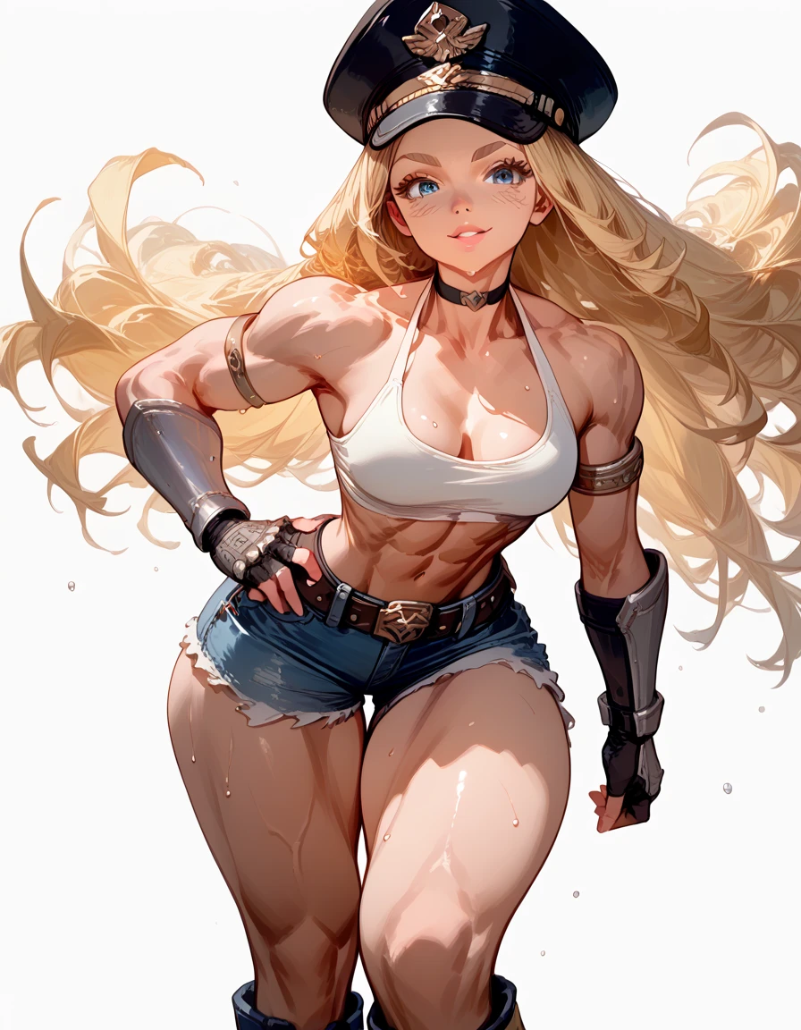 (masterpiece, best quality), 1girl, (abs:0.75), upper body, looking at viewer, bra, ((pubis, groin, crotch)), braid, (((pants pull))), freckles, choker, blonde, wide hips,