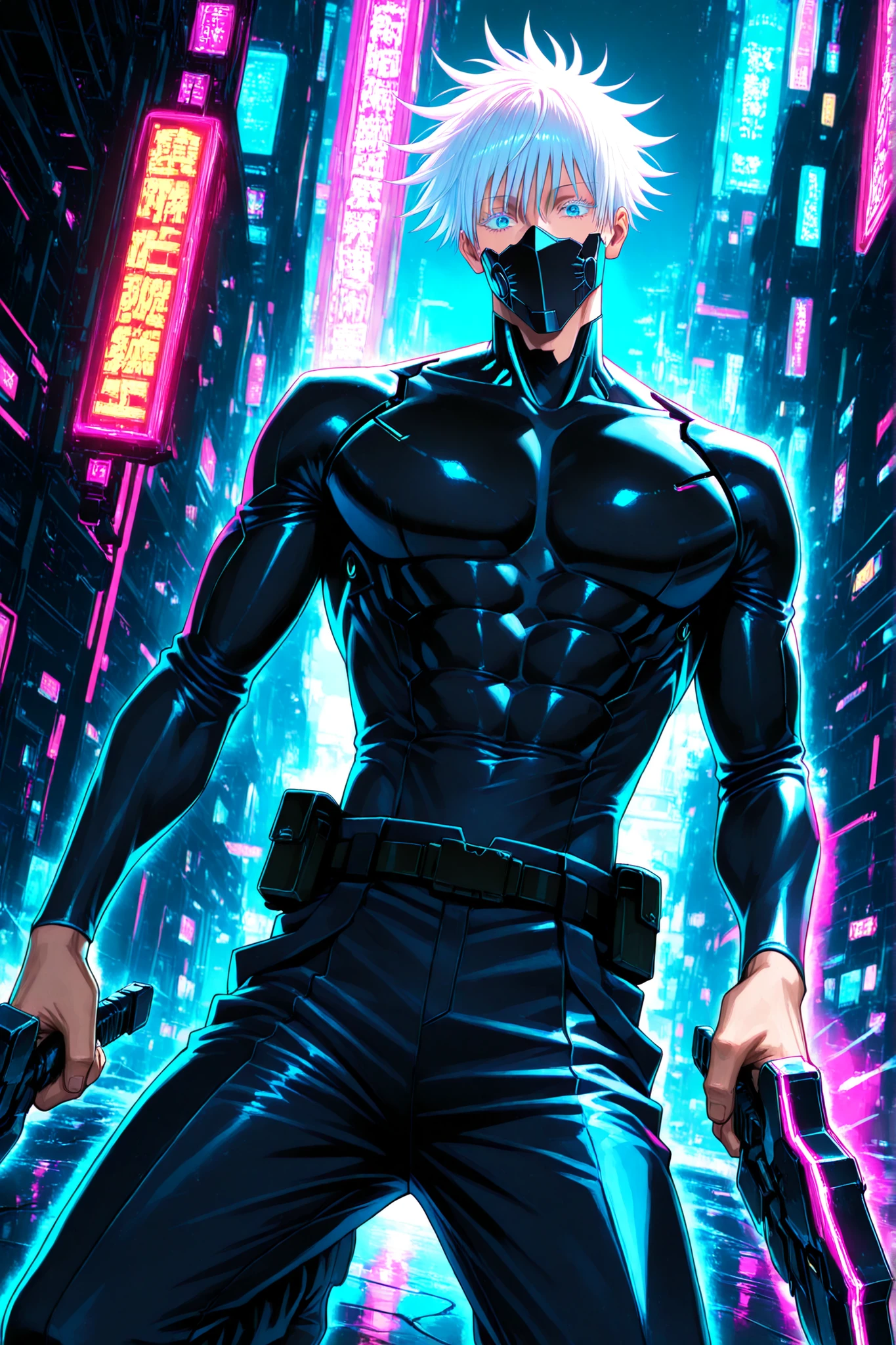 1man, gojou satoru /(jujustu kaisen/), detailed eyes, blue eyes, white hair, short hair, detailed eyelashes, colored eyelashes, sexy man, trained body, muscular, handsome, cool, mature man
, Cyberpunk futuristic half face mask with neon painting, rebellion infiltrator, mechanical wielding weapons, cyberpunk, painting, neon palette, neon trim, neon, futuristic armor, mechanical military gear, assassin, (scenery:1.5), Highly detailed, ultra-realistic, 8k resolution, cinematic lighting, and vibrant neon colors,cyberpunk style, mechanica body, samurai, score_9, score_8_up, score_7_up, source_anime, intensely saturated lighting effects, luminous reflections, HDR-like contrast, vibrant color palette, glowing lights, vibrant reflections, surreal lighting, HDR effect, cinematic vividness