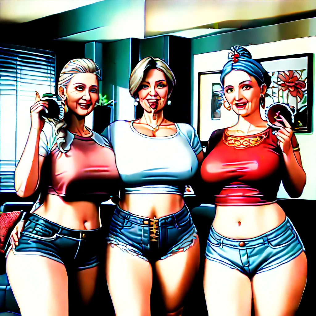 milfs, 2girls, large breasts, giganticc breasts, huge breasts, mature female, heavy breasts, short hair, silver hair, light skinned female, purple shirt, thick shirt, violet scarf, orange eyes, large ass, Curvilinear waist, breasts resting on the arms, arms under breasts, bra edges on dress, sensual cleavage, on the town park, full breasts, breasts larger than head, mature face, curvy female, thick thighs, voluptuous female, full-body shothigh waisted jeans pants, thick jeans pants, ripped pants, delicate gloves, bra strap appearing, soft breasts, breasts press against her other, female focus, mommy breasts, mommy, mom and her daughter, pink bra, colored hair, many hairstyles, nipples being a harder, pantyhose with panties suspender, looking at each other, with the mouth close to the chest, muscular female, abs, muscular body, freckles on face, freckles on breasts