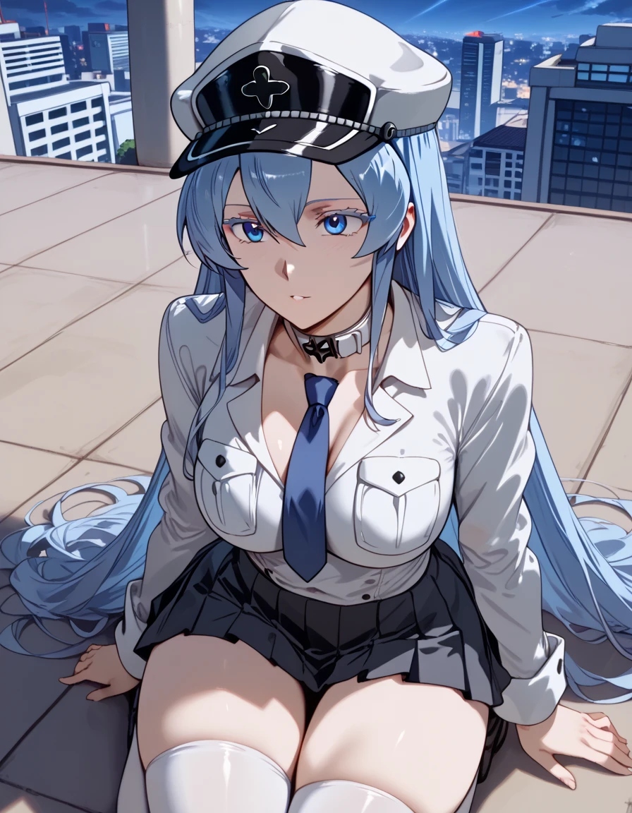 esdeath, esdeath, blue eyes, blue hair, long hair, (small breast:1.2), smile, grin,
BREAK boots, choker, cleavage, collarbone, hat, ice, military, military uniform, peaked cap, thigh boots, thighhighs, uniform,BREAK looking at viewer, full body,BREAK indoors,
BREAK (masterpiece:1.2), best quality, high resolution, unity 8k wallpaper, (illustration:0.8), (beautiful detailed eyes:1.6), extremely detailed face, perfect lighting, extremely detailed CG, (perfect hands, perfect anatomy),street, city, wet road, reflections,night,staying in middle of street,bend over to camera.
