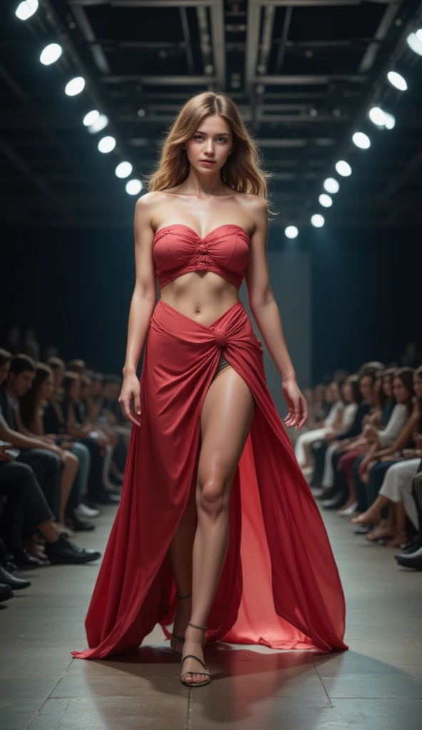 realistic photo of britney spears from 2001, long dress of galliano, chic and extravagant, beautiful, milan fashion show, runway, stylish, elegant, realistic, perfect photo, perfect makeup, perfect skin, texture, details, whole body, perfect and sexy mouth