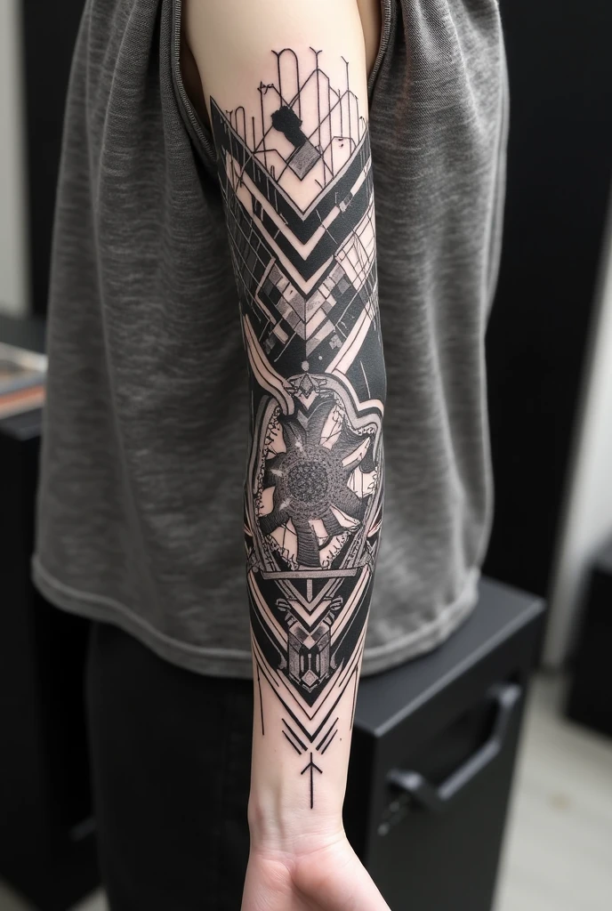 Tattoo of the tile mosaics of the ray movement that starts in the north of Brazil, use featuringo base as imagens desse site https://www.archdaily.featuring.br/br/997637/lightning-that-splits-architecture-between-shards-and-colors-in-the-stop , offwhite,tatoo, skinless,preto e offwhite