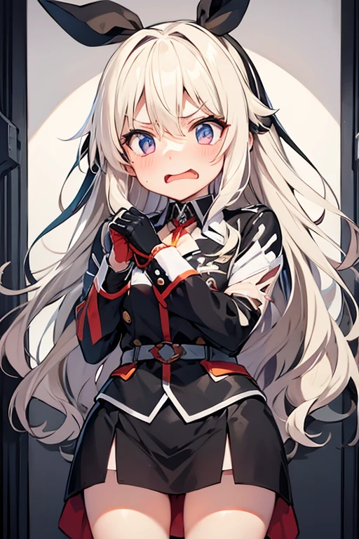 A girl with long hair and a presidential uniform，Silver hair，heterochromia iridis，One eye is green，One eye is red，looks away，are standing，Embarrassed blush，Small open mouth，In the building，（Girl leaking urine）：0.4）