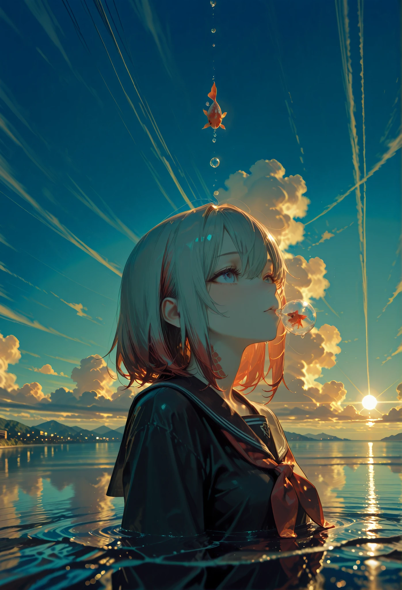 Multicolor Wig \(students from all schools, , JK, Wallpaper of unusually delicate CG units , Space blue eyes , School black , pale skin, Tired face、No light in eyes\) look up at the sky and , cute goldfish with shiny red scales are swimming in the air., Clear bubbles, Black school uniform , Short silver hair floats ., beautiful sky during prime time, Beautiful clouds , There is a noon moon and a noon star in the sky , There are puddles on the ground and the scenery is beautifully reflected , Like things in the water , You can see the wind blowing and twinkling, You can see the wind blowing and sparkling ,Ashdomine, rest , quality\(8k,非常に精細なCGユニットのwallpaper, masterpiece,high resolution,top- quality,top- quality real texture skin,Surreal, Increase resolution ,RAW photos,最高 quality,very detailed,wallpaper,cinema lighting,Ray tracing,Golden ratio\),(Longshot),landscape,