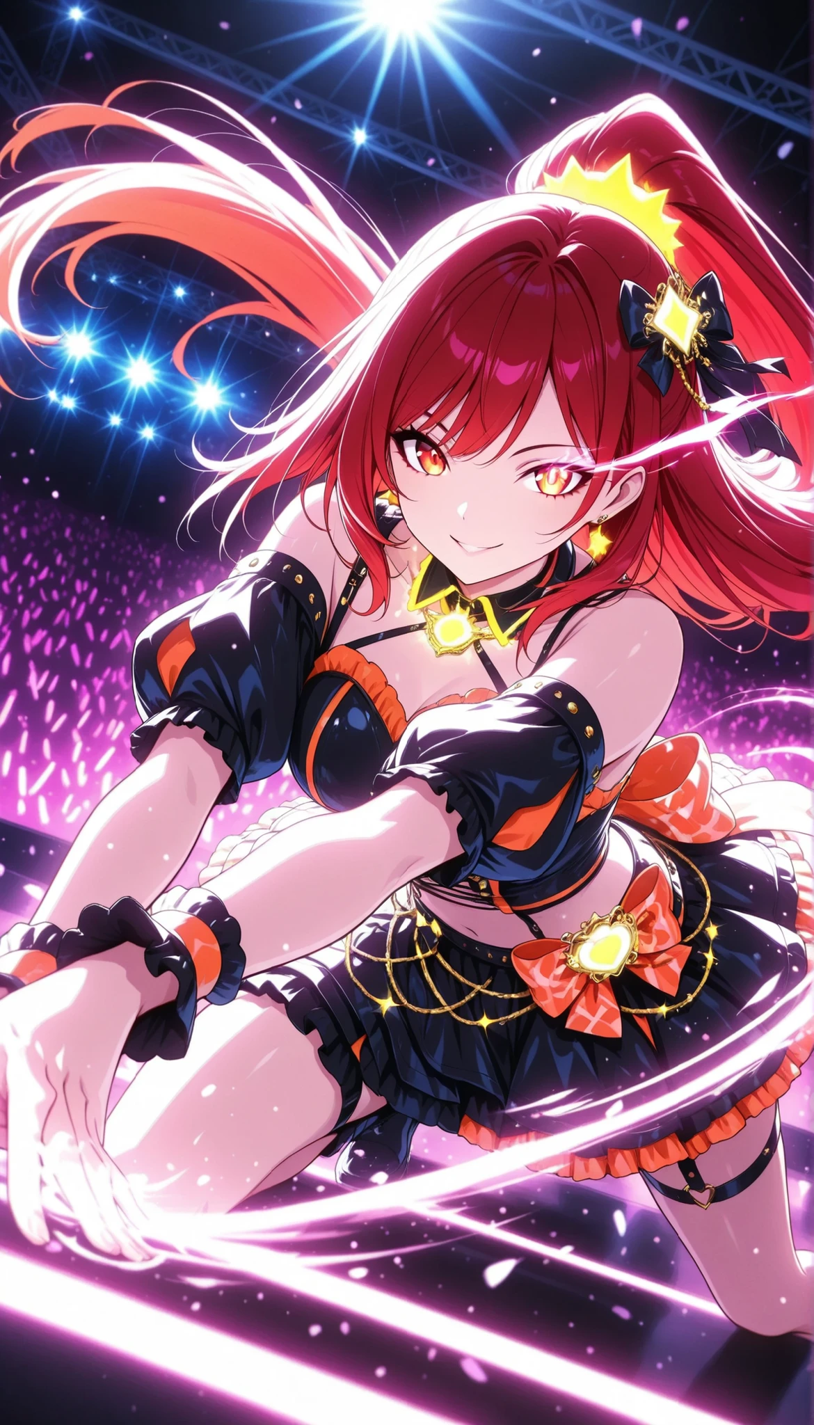 Beauty Idol, Virtual Idol, (colorfulな髪色, high position super long ponytail, red hair accessory, orange eyes), watch viewers, smile, eye trail, Dance Motion, Dynamic, Live Stage, colorful, neonライト, vibrant, dark audience background, Glowing Contours, neon, Black Light, Ultra High Definition, after being played in high definition, anime style, (Highest Quality:1.2, CG illustration, masterpiece:1.2, Best Aesthetics),