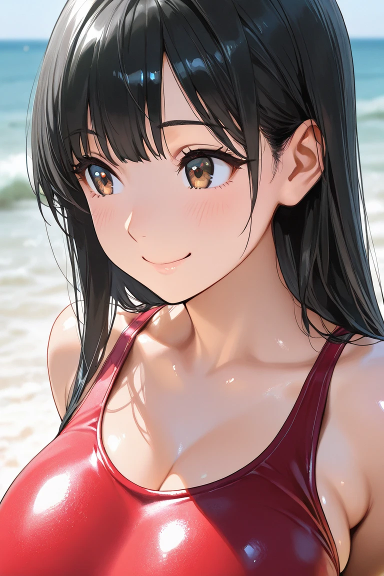 One piece type competitive swimsuit Black Hair Semi-Long blush smile Great style