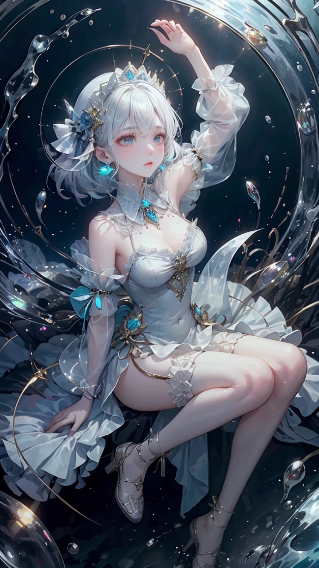 8k wallpaper,Detailed background,Highest resolution,silver hair,bandeau wedding dress,white wedding dress,tight,castle background,Princess,rosette,moonlight,Butterfly,The water is rippling,hair covering one eye,white high heels