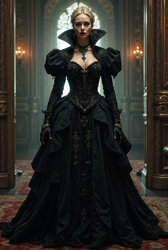 resembles Meryl Streep, an 80-year-old woman with enormous breasts, a sensual horror fantasy, the most gorgeous Gothic giantess character, and a bulky build. Lady Dimitrescu is a magnificent presence, towering over everything, standing tall and regal in a dimly lighted ancient castle hallway. Her dark hair falls smoothly over her shoulders, while her porcelain skin reflects the shimmering candlelight. She is wearing a gorgeous Victorian gown and radiates power and elegant sophistication. The elaborately carved wooden doors behind her provide a glimpse into the mysteries that reside beneath the lavish mansion. She is surrounded by dancing shadows that give the image an air of dread. The audience is captivated by Lady Dimitrescu's penetrating look and is further drawn into the mysterious realm of Resident Evil Village.It appears to be Meryl Streep, an enormous 80-year-old woman.