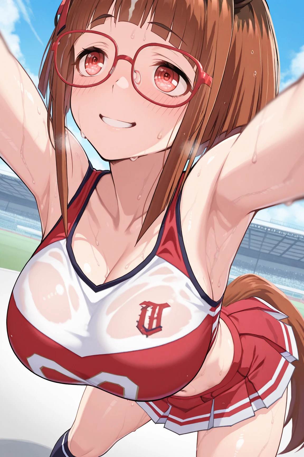 ((Glasses、Cheerleader、Highest quality、Masterpiece、High resolution))、(((Zoom photo from above、semen、Bukkake、Wet body、Wet Hair)))、(smile、blush)、Big Breasts、Cleavage、Inside the gym、Black Hair
