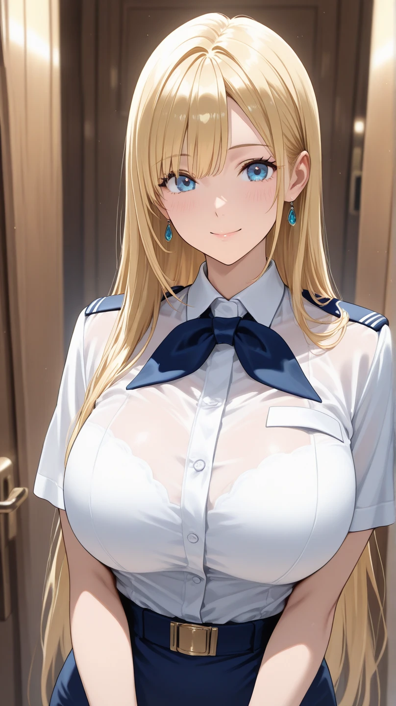 (((Skin exposed from disheveled uniform)))、((((make sexual advances))))、Nipples protruding from the bra、panties on、((((feel shy))))、((a blond))、beautiful Girl、Large beautiful breasts、cleavage of the breast、A slender、オマンコ、((((Seduction while being shy))))、((Inside the bustling city))、((smil))