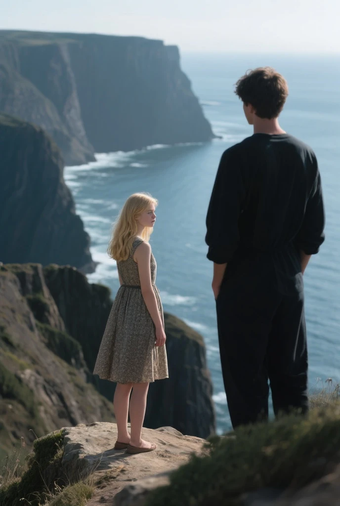 Create a couple seeing each other from afar, the woman has white wings, pale and thin body, His eyes are blue and his hair is blonde and long.. The man is tall, with athletic body, has freckles, green eyes and wavy black hair. The sky is seen in the background. They look at the eyes.