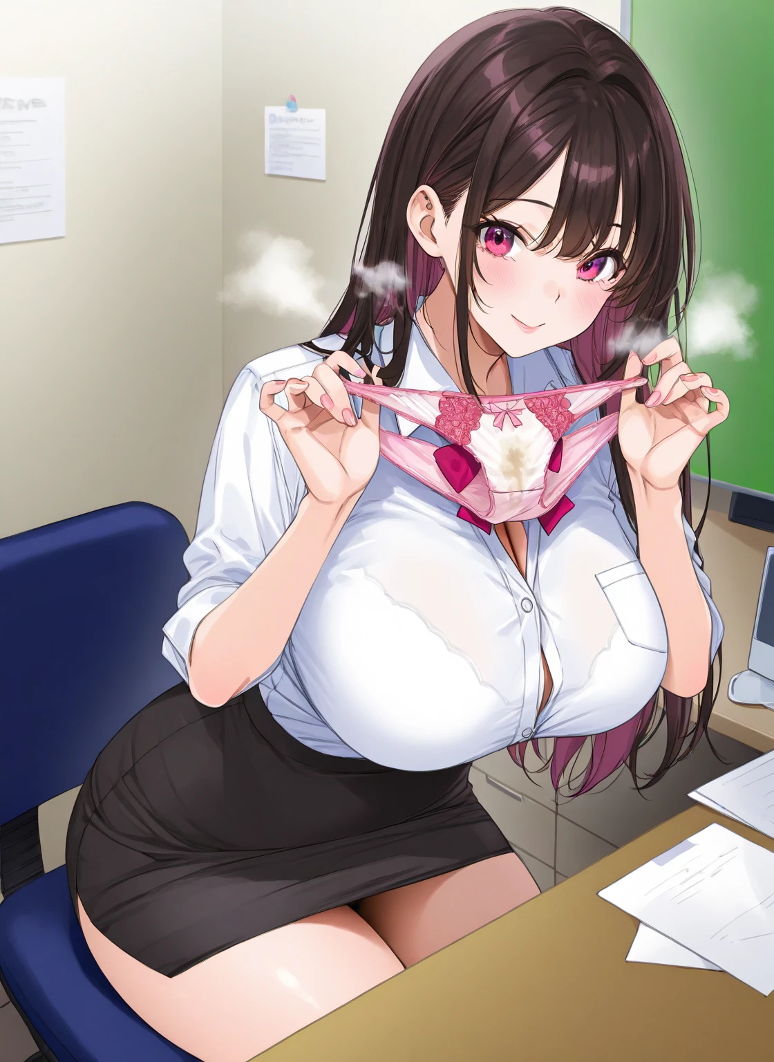 Company Office,lying on a desk,Peripheral Documents and Computers,Officelady,Brown and pink and white and gray and black,Her black stockings are torn to shreds.,fluffy hair,red tide,Sexy lips,Gloss々Lips,Heart mark in the crotch ,Shy smile,,AHE Face,open open mouth、Drooling with joy,The whole body is wet with white liquid,A large amount of white liquid overflowing from the crotch and crotch,Extra-thick insertion,Nipple bumps,Thick vibrator insertion,Sheer clothes for,Sticking out your buttocks and begging