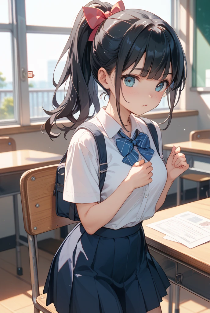 ultra-detailed,masterpiece,best quality,jcf, 1girl,,black ponytail,large bow,blush,leaning forward,classroom,blackboard,desk,window,shirt,skirt,