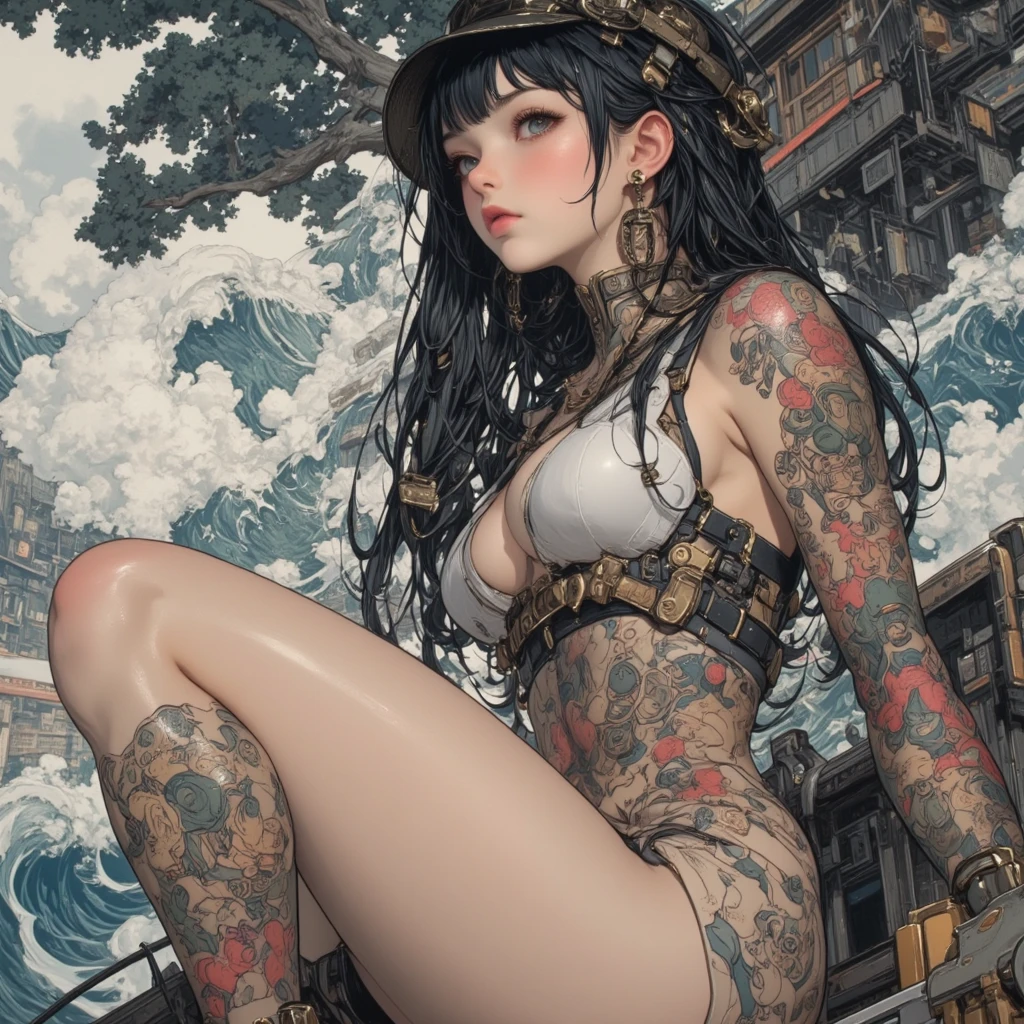 Beautiful woman medium hair , usando bone , roupas curtas estilo cyberpunk tattoo of Hannya with flowers and sea waves