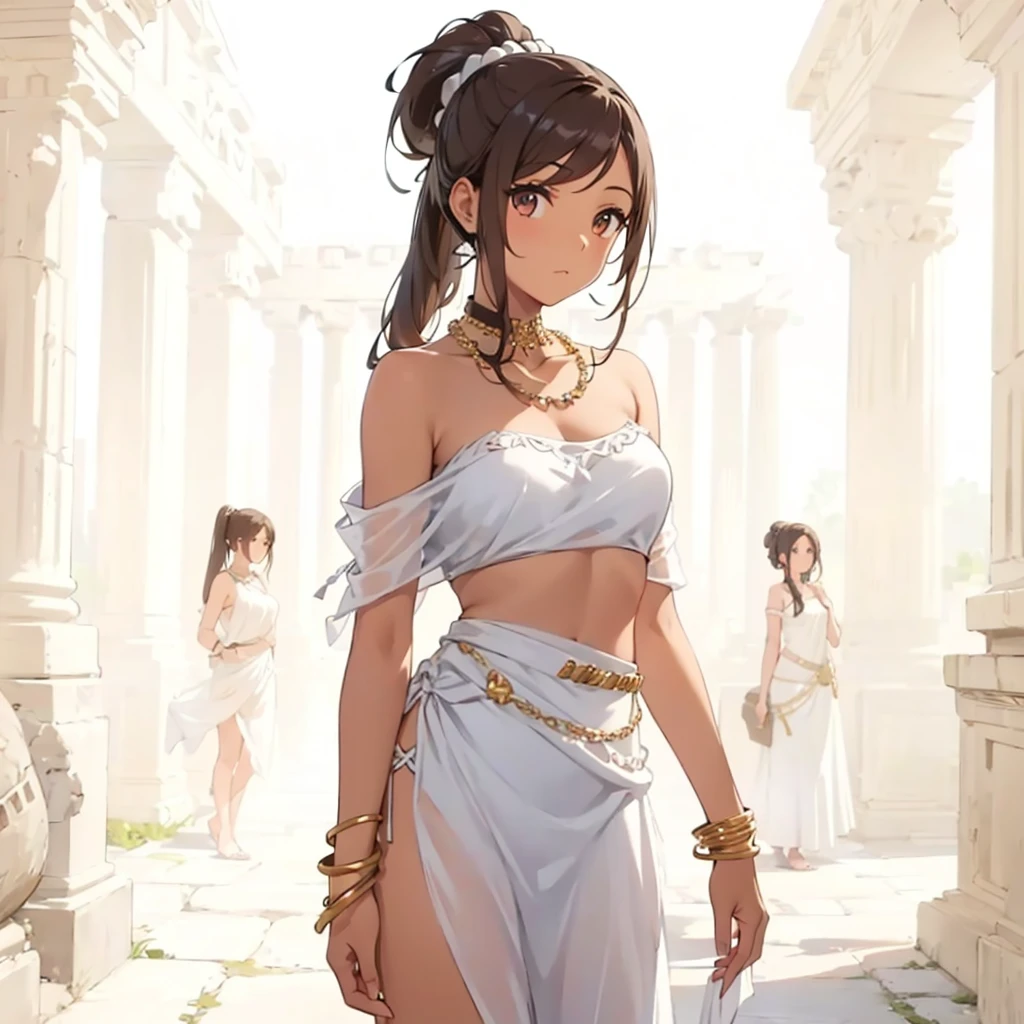Egiptian princess in the anime is wearing a gold dress with her hair in braids, sexy , 1girl, breasts, solo,DARK SKIN , long hair, black hair, looking at viewer, dress, jewelry, earrings, brown eyes, white dress, bare shoulders, covered navel, sleeveless dress, outdoors, cleavage, sleeveless, medium breasts, day, closed mouth