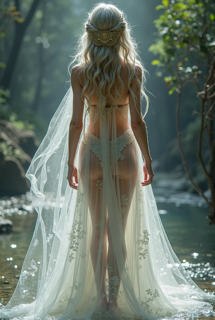 Best quality, the divine maiden sits on a cloud. Summer. Open eyes, long blonde braids. grey open beautiful eyes. porcelan white glowing skin. transparent long veil with crystal. delicate, airy and translucent divine clothing. elements of crystal in robes. gold bracelets on arms. a lot of light. Sun rays. clarity. flower meadow. atmosphere of love. Open grey eyes.