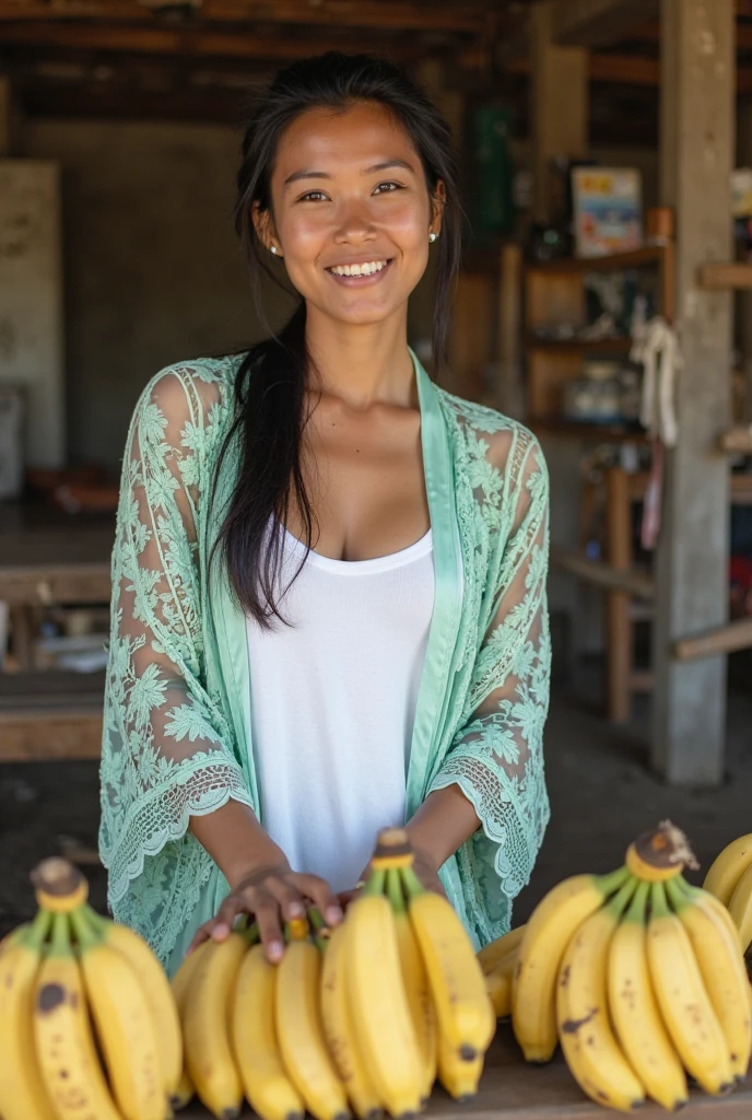 an Indonesian woman,tangled hair,slightly fat body,torn clothes,short t-shirt and skirt,sitting in a banana plantation on the edge of the village,bring a big banana full of mayonnaise liquid,An expression of exhaustion,climax satisfied smile