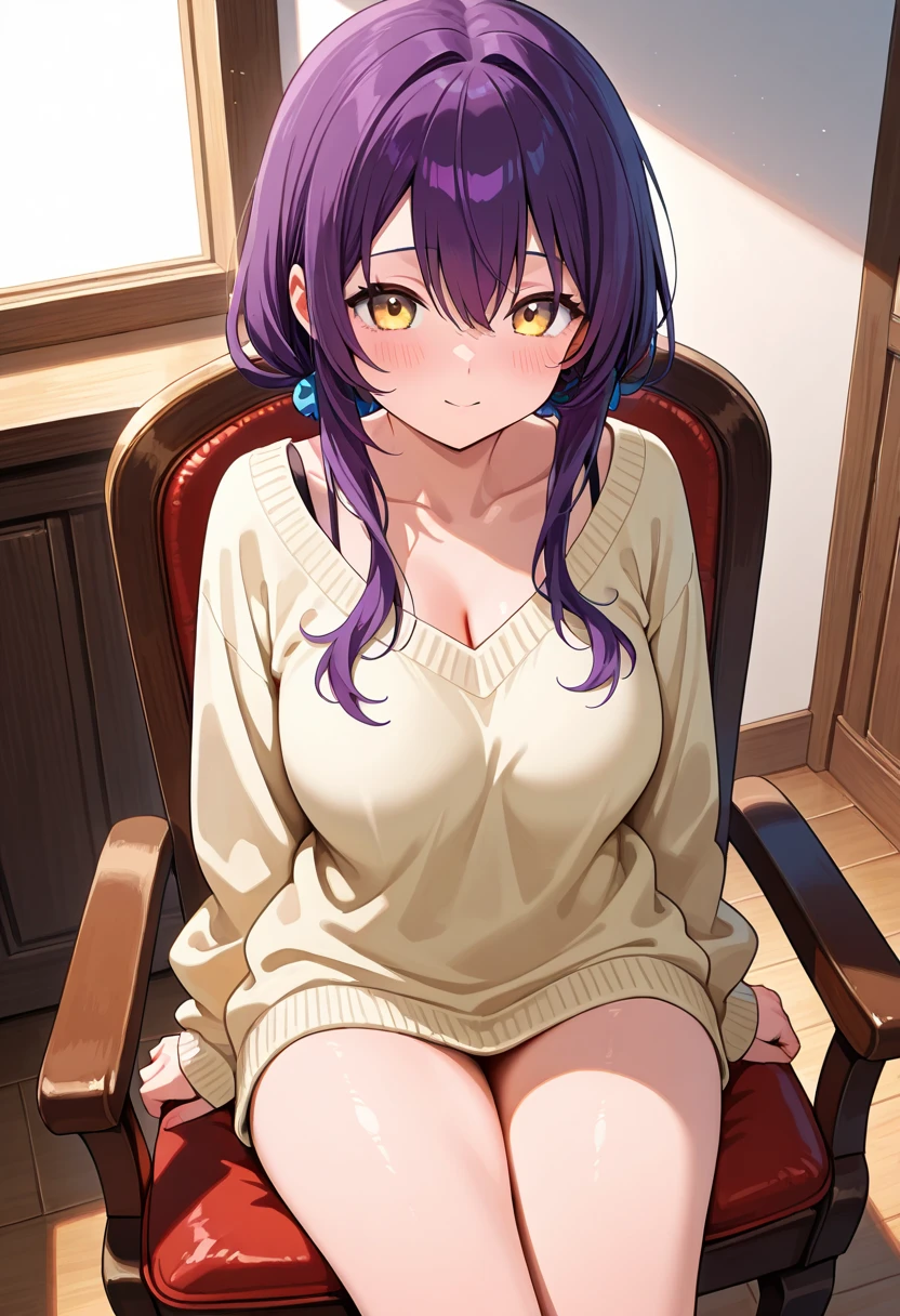 (Best Quality, Masterpiece),sexy, erotic, 1girl, 18 years old, Contempt, pride, long purple hair, ((purple eyes)), looking at viewer, bed, bedroom, looking at viewer, warm light, angry, ((bludhing)), ((teddy onesie)), (sitting), cleavage, big breasts, ((close up)), from above, (thick thigs), (neck), collarbone, ((hood)), unzipped, abdomen, belly