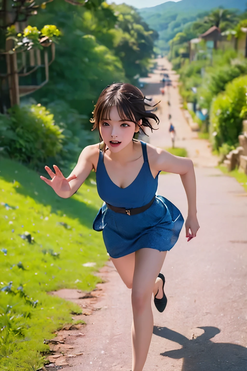 realistic、high image quality、detailed down to the smallest detail、8K、Grassland Slope、Running to their heart's content aiming for the top of the hill、waving their hands and running at full speed、Composition where you can feel a sense of dynamism, realism, and speed、Cut through the middle of running、1 woman、((Bird’s-eye view))、((short short hair 2.0))、 has bangs、((long slant 2.0))、Foxy face、 tense expression、blue dress、blue high heels