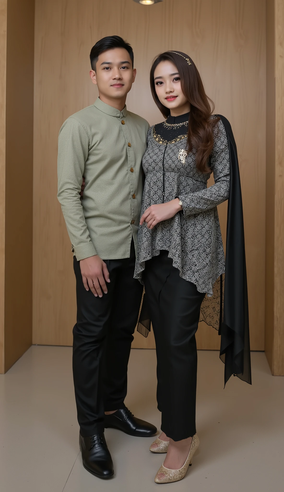 a man wearing a long-sleeved black shirt and a cap is standing while leaning, embracing the shoulders of a woman wearing a floral patterned dress, background the living room, pas photo, front view, look from front, detail realistic UHD 4k