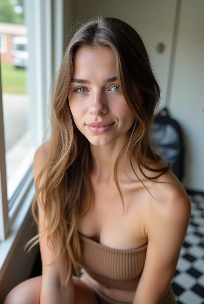 Create a picture of a twenty-year-old girl. ((Have a natural and attractive face)) (Her hair should be blonde with brown stems) (Long hair) (Her eyes are a natural light color) A charming smile on her lips and in a beautiful house with a light background. His face lit up. The girl should not look at the camera. Her image should be fully displayed (girl with light makeup) without retouching and effects. Half naked