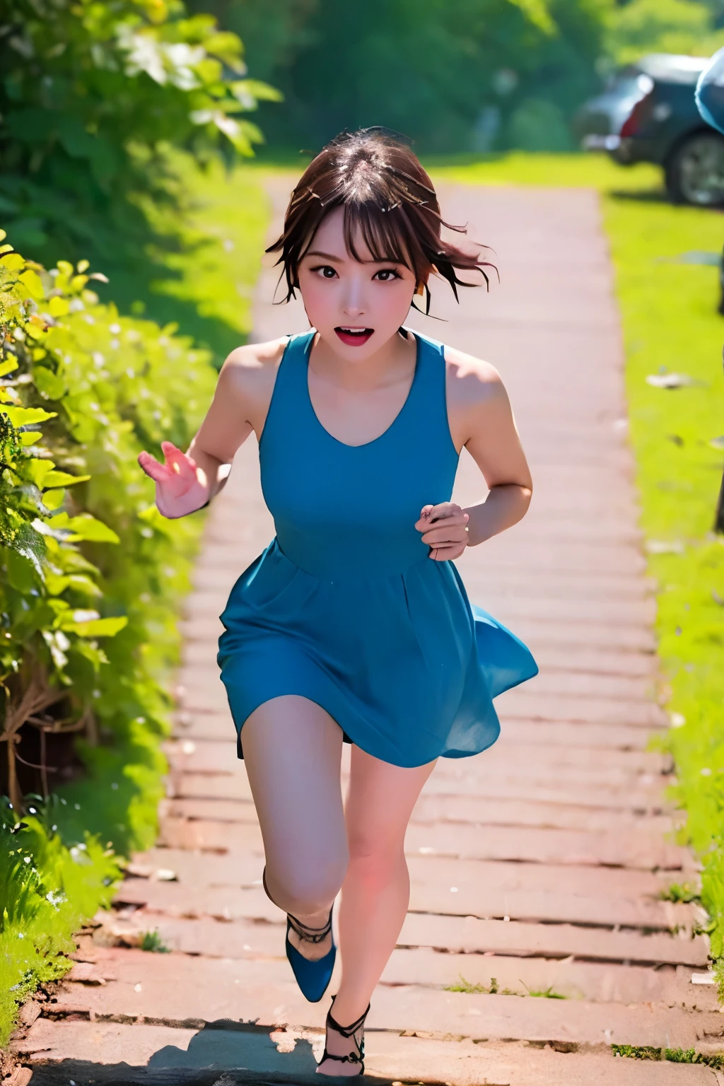 realistic、high image quality、detailed down to the smallest detail、8K、 biologically perfect hands、Grassland Slope、Running to their heart's content aiming for the top of the hill、waving their hands and running at full speed、Composition where you can feel a sense of dynamism, realism, and speed、Cut through the middle of running、1 woman、((Bird’s-eye view))、((short short hair 2.0))、 has bangs、((long slant 2.0))、Foxy face、 tense expression、blue dress、blue high heels