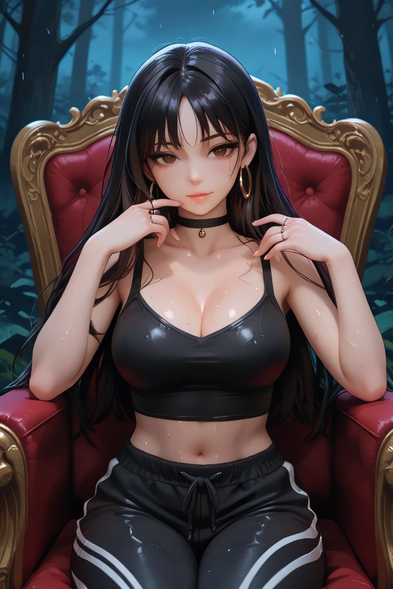 ((((masterpiece)))), high quality, very_high_resolution, large_filesize, full color, bikini, gold eyes, black hair, rainbow hair, silver bracelet, Cuban link necklace, cute, adorable, beautiful, high contrast, colorful, 5 fingers, slim body, jewelry, long hair, pony tail, hoop gold earrings, confident