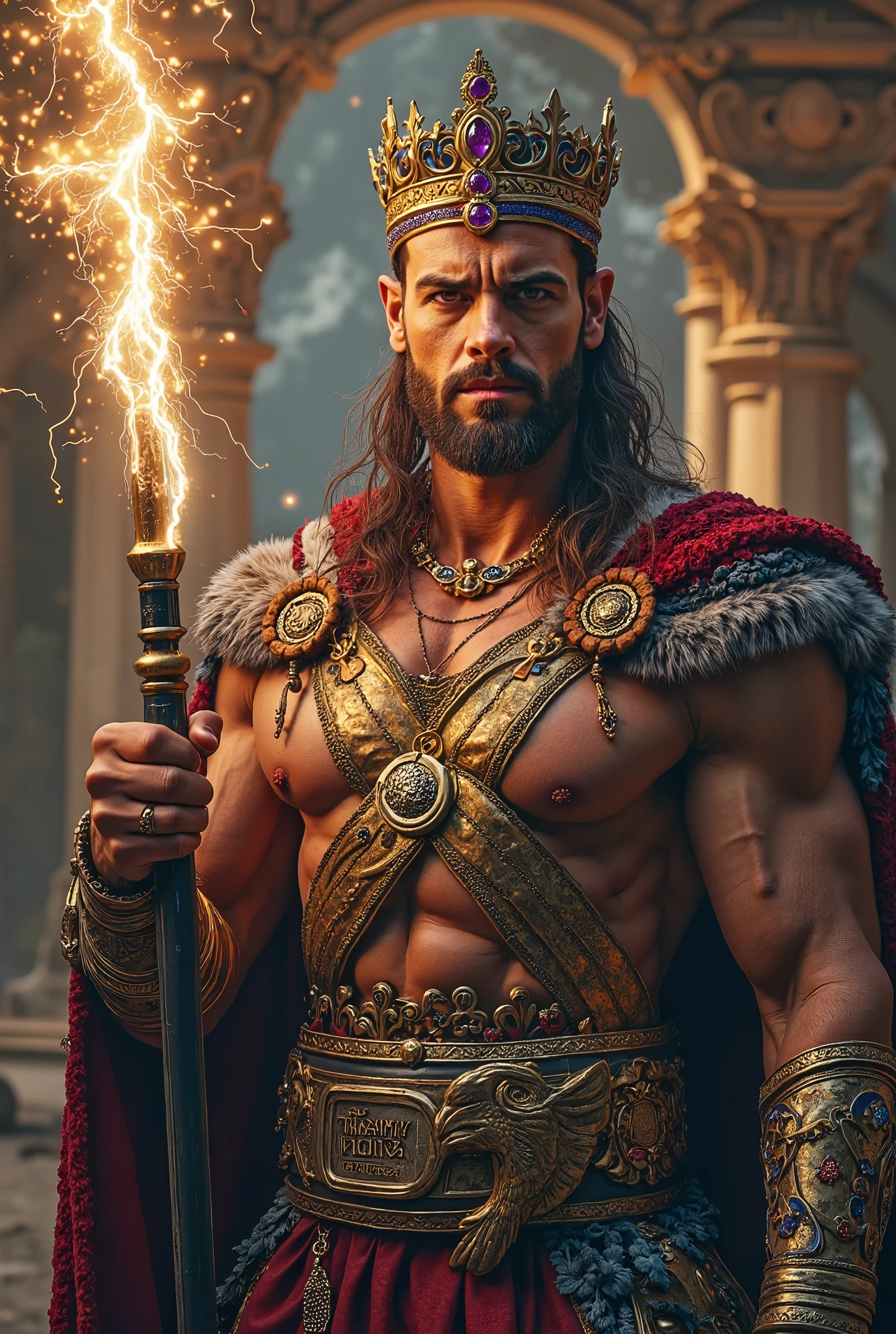 An epic scene set in ancient Greece featuring Zeus, the thunder god, with his imposing beard and flowing robes, holding a lightning bolt in one hand. Beside him, a Greek mortal dressed in traditional attire, such as a flowing tunic and an olive leaf crown, looks in awe. The background should depict mountains and classical ruins, with a majestic and dramatic atmosphere.