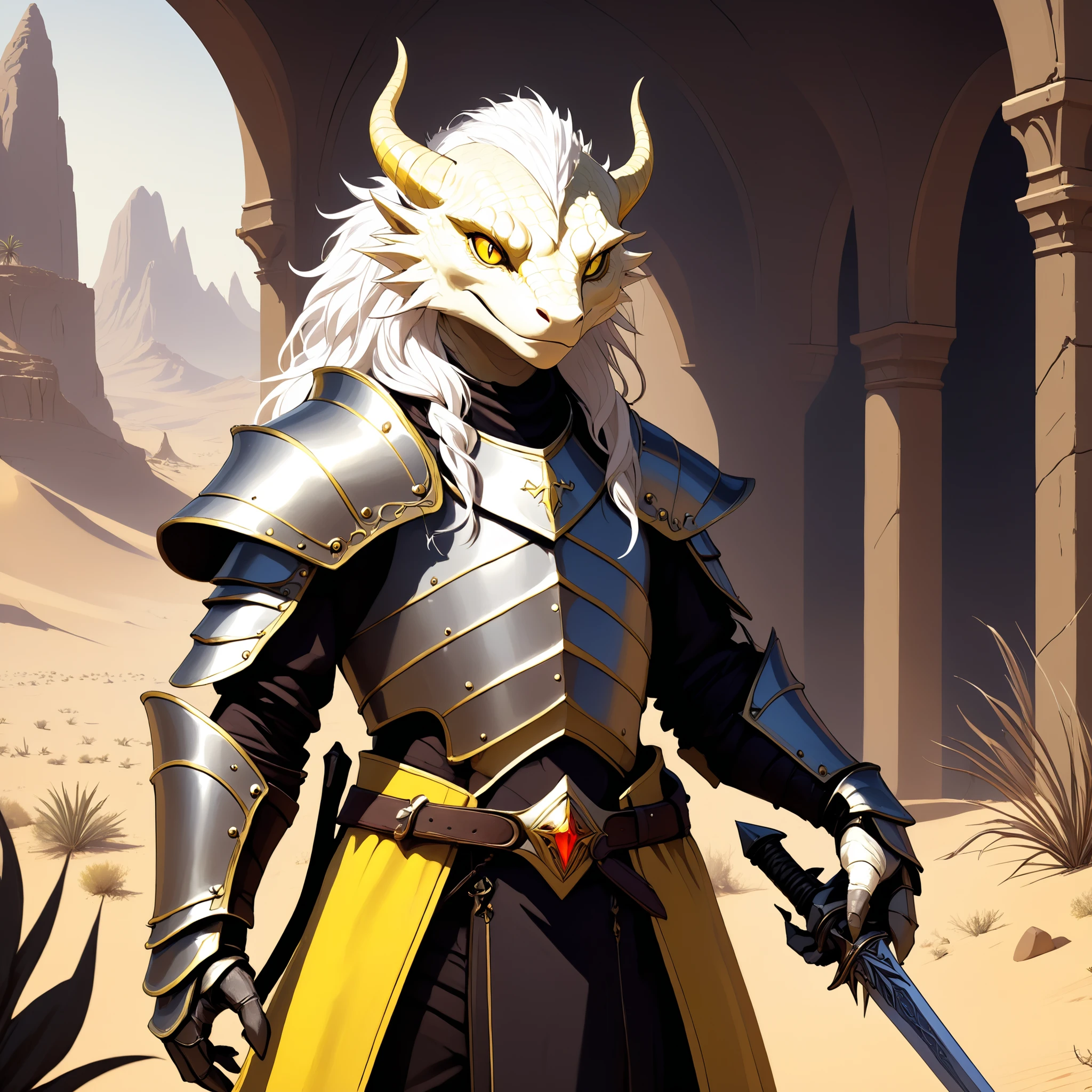 fictional mature young king furry antropomorphic yellow skin very thin demonic lizard with low curly white hair in a gorgeous dark medieval style, using a shining plate armor and holding a demonic greatsword, in a desert biome ambience