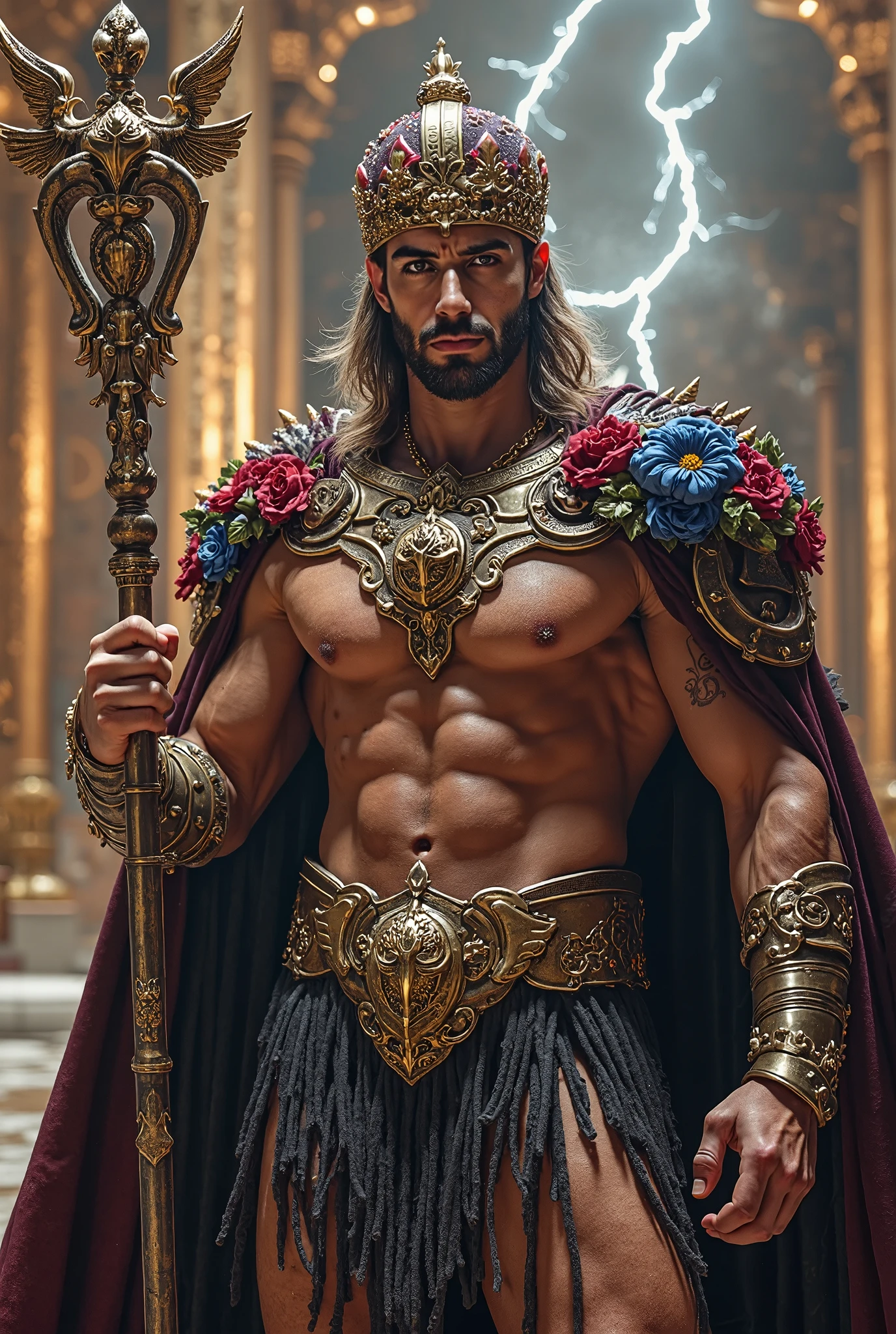 25 year old man, muscular, with a claw scar on the left side of his face, brown left eye, blue right eye, heterochromia, trapezoidal head, Aquiline nose, sunken chin, short beard, short hair castaño con degradación blanco en las puntas, short hair, wide shoulders, well-built, dressed as emperor, golden laurel wreath crown, red cape, tanned skin, standing, White background, High resolution,sharp focus,(ultra detailed,extremely detailed), (Best Quality)