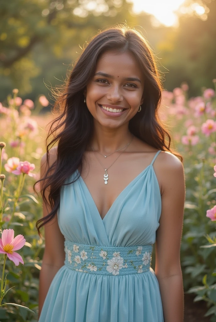 A photorealistic portrait of a 25-year-old Indian smiles gently at the camera, showcasing her beautiful Assami features with curly light brown hair cascading over her shoulders warm brown eyes that sparkle with joy. She is dressed casually in a pastel-colored top and comfortable jeans, standing amidst a lush garden filled with vibrant flowers, illuminated by soft, golden-hour sunlight, embodying natural beauty and tranquility.