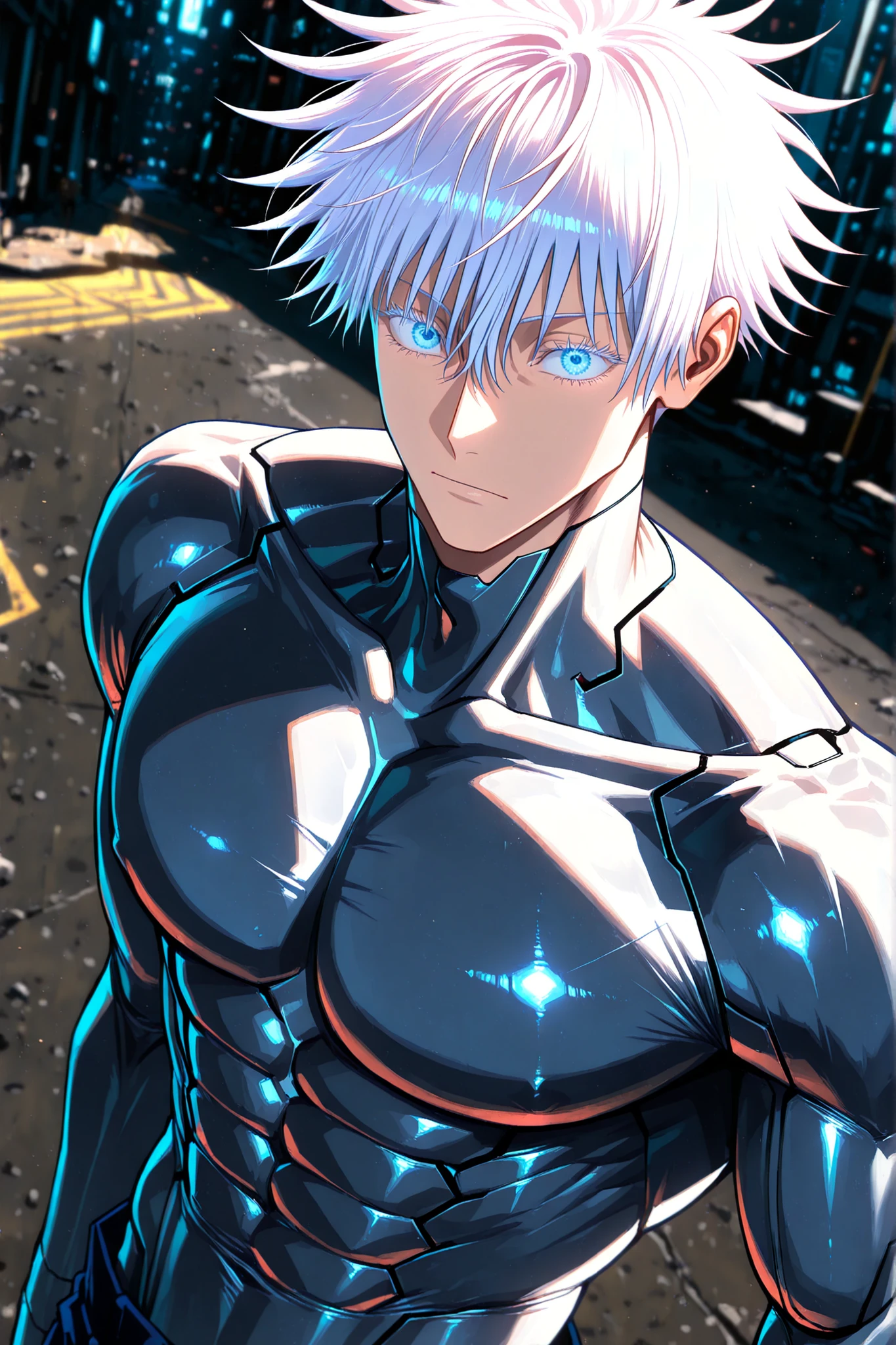 1man, gojou satoru /(jujustu kaisen/), detailed eyes, blue eyes, white hair, short hair, detailed eyelashes, colored eyelashes, sexy man, trained body, muscular, handsome, cool, mature man, solo, (ultra detailed), (high resolution), (best quality), ((masterpiece)), high detailed face, (perfect anatomy), high detailed eyes, aesthetic, 8K, vibrant colors, depth of field, sharp focus, male robot, humanoid robot, cool clothes, detailed clothes, silver skin, cyberpunk clothing, cyberpunk fashion, supreme being, glowing, shadow, terrain, DB_type1,cyberpunk, edgerunners