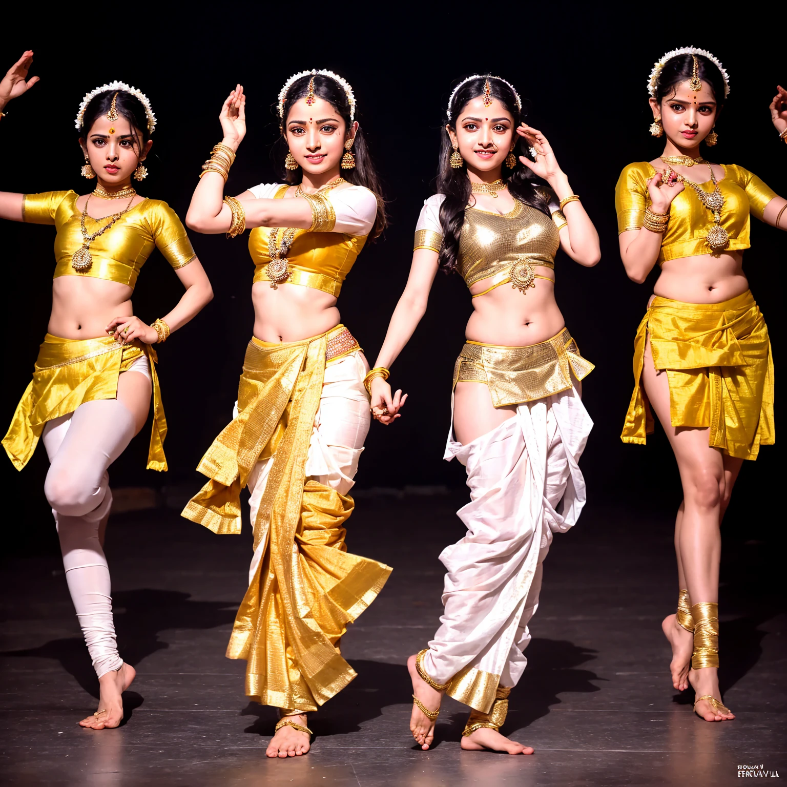"Sri Lankan Girls Dancing Group, featuring 6 talented girls in their 30years. Emphasize the facial expressions of one girl, capturing her deep contemplation and thoughts about her impoverished family."